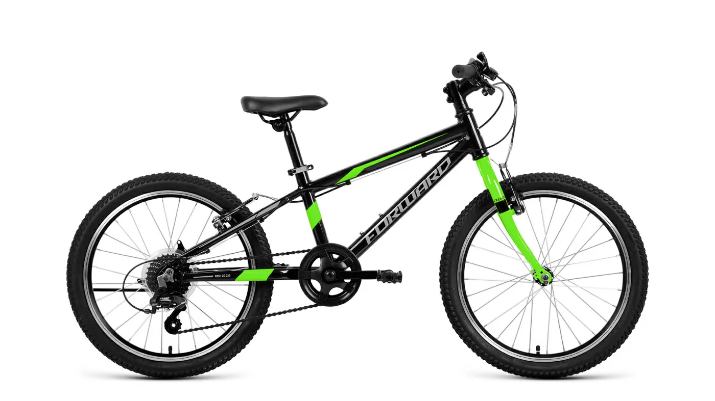 Реальное фото Велосипед Forward Rise 20 2.0 (7ск) (2022) черный/ярко-зеленый от магазина СпортЕВ