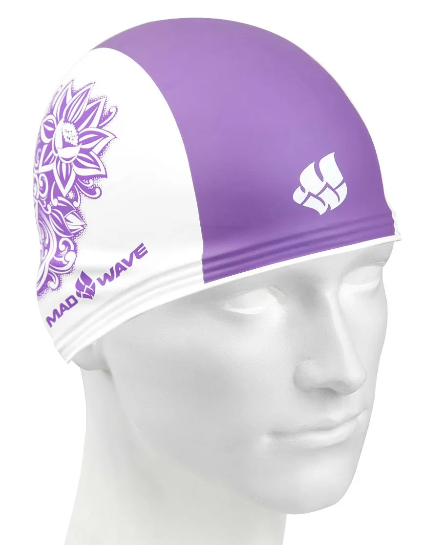 Реальное фото Шапочка для плавания Mad Wave Training Flower white/violet M0553 12 0 09W от магазина СпортЕВ