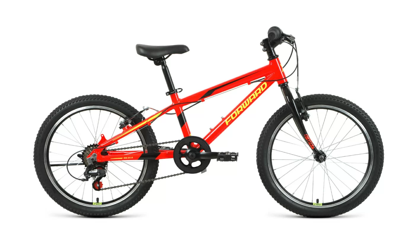 Реальное фото Велосипед Forward Rise 20 2.0 (7ск) (2022) красный/ярко-желтый от магазина СпортЕВ