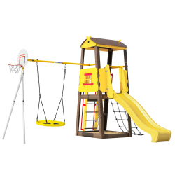 Детский спортивный комплекс для дачи ROMANA Избушка NEW (с качелями гнездо) R.103.29.04+1.Д-26.04